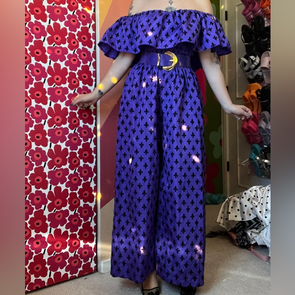 Vintage 80s Fleur de Lis Purple Wide Leg Jumpsuit